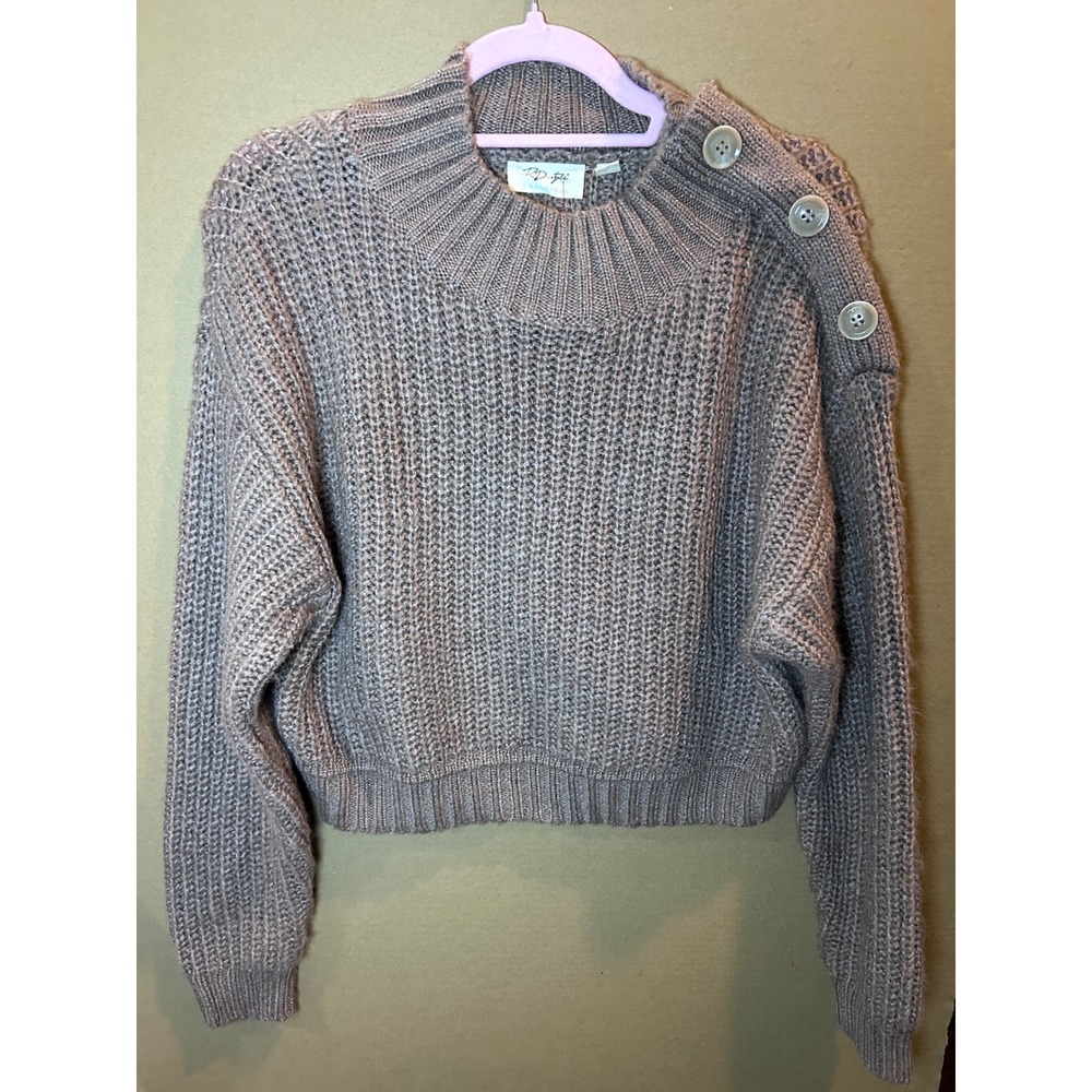 RD Style Sweater Womens Medium Taupe Excellent Mock Neck Button Shoulder‎ Knit